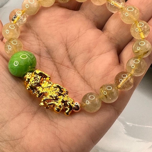 GOLD RUTILANT + GOLD PIXIU  NATURAL BRACELET size 7” - Picture 11 of 12